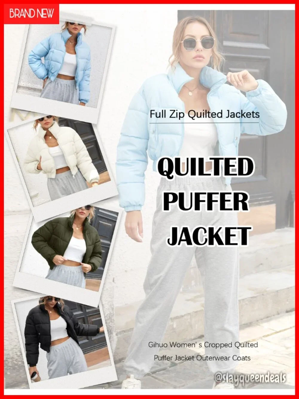 Cropped Quilted Puffer Jacket Full Zip Winter Coat Stand Collar